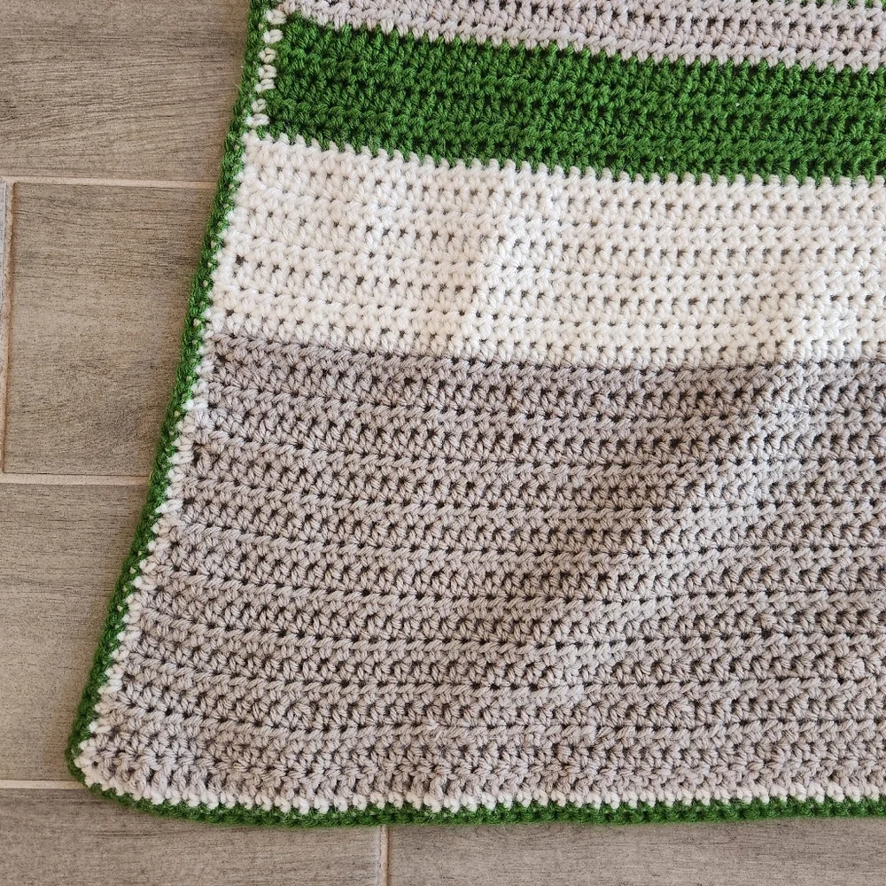 Hand knit blanket grey green wool blend stripes crochet throw couch runner decor
